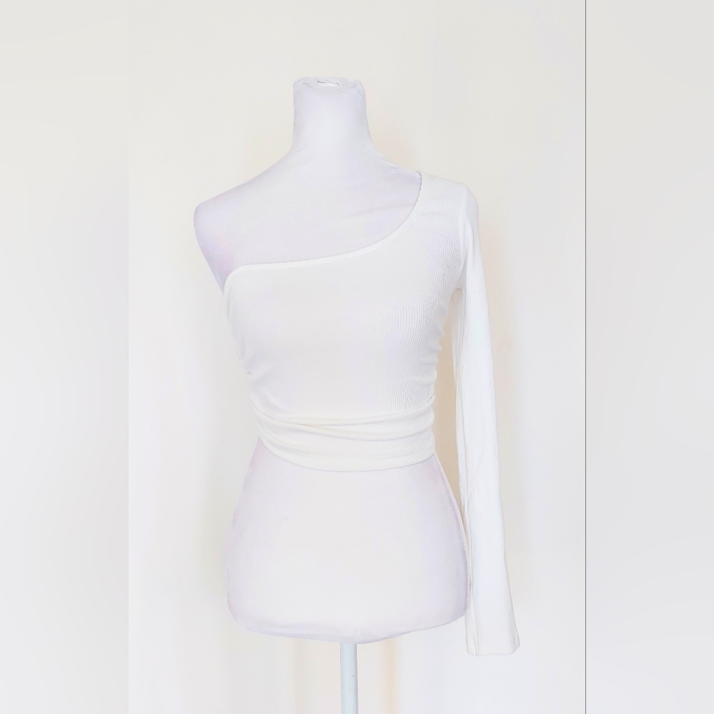 Zara One Shoulder Long Sleeve Ruched Cropped Top White Size Small NWT